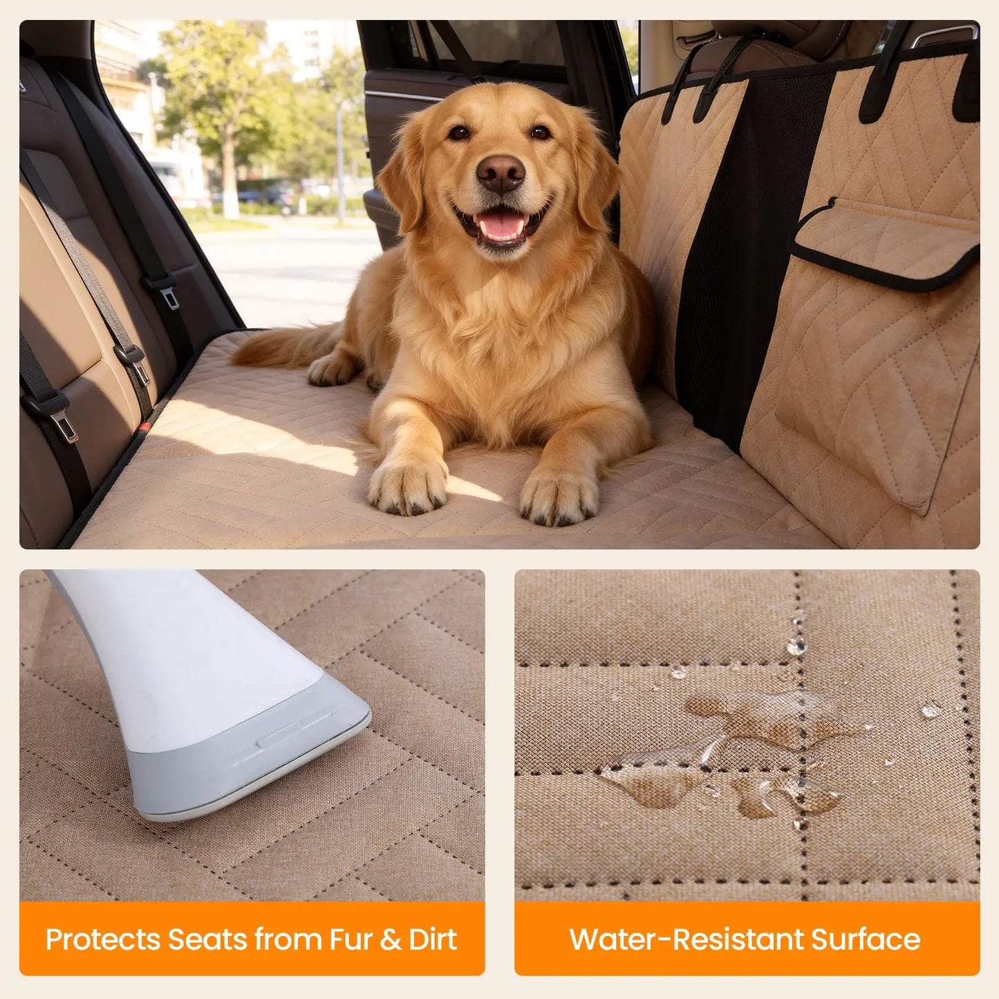 【Tiktokshopstockup】 VALUXE Dog Car Seat Cover for Large Dogs, Full-Cover Waterproof Back Seat Protector, Foldable, Beige/Black Summervibes Petlovers Outdoorfun